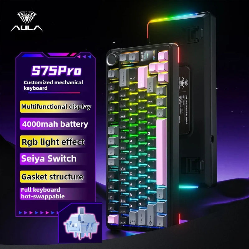 AULA F75/S75Pro Gaming Keyboard 2.4G Wireless/Bluetooth/Wired RGB Customized 75% Layout OEM Profile Gasket Structure Keyboard