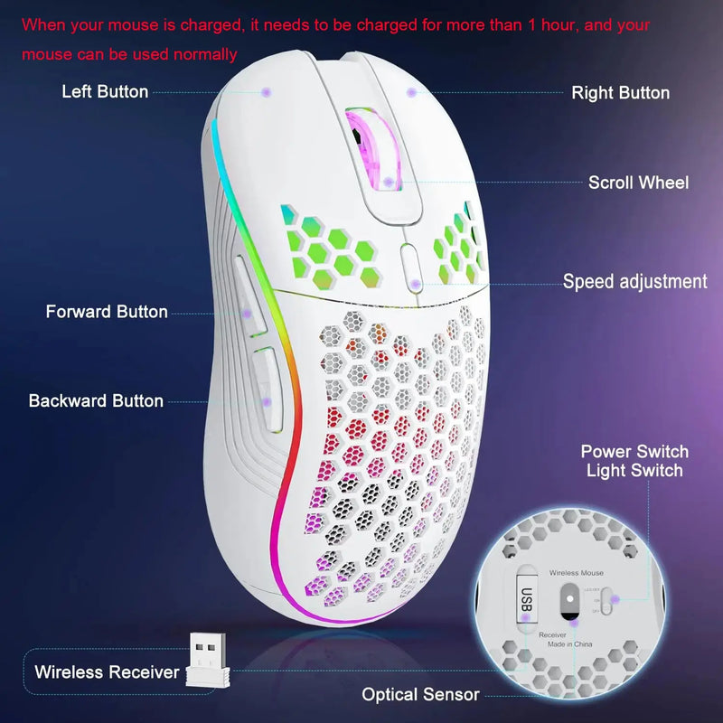 Wireless RGB Gaming Mouse – 2.4G, Adjustable DPI, Honeycomb Design