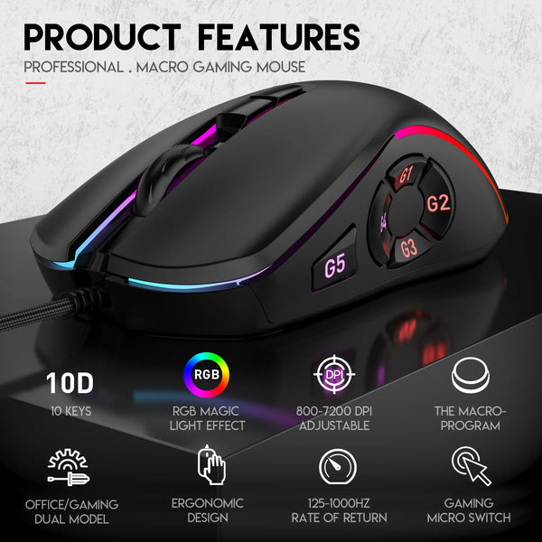 RGB Wired Gaming Mouse – 12,800 DPI, 10 Programmable Buttons