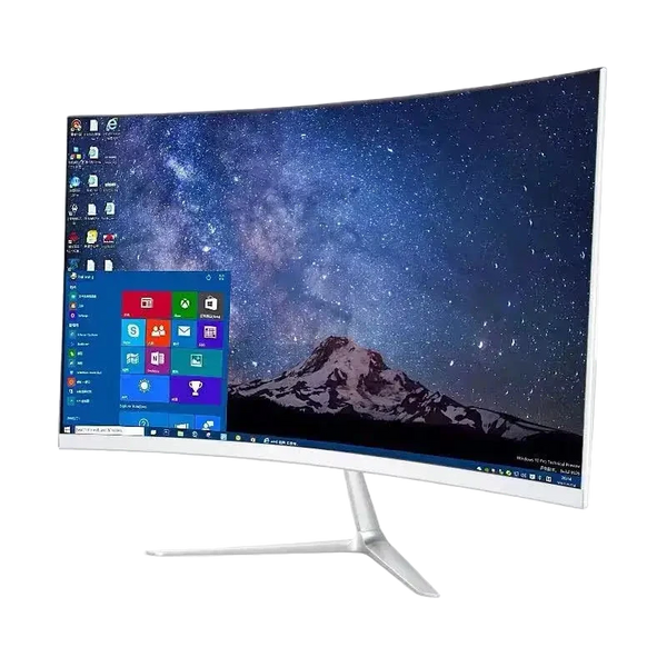 Computer monitor with a starry night and mountain wallpaper on a white background
