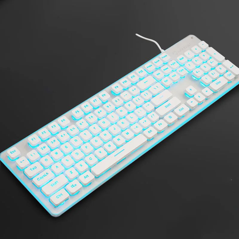 Mechanical keyboard with blue backlighting on a black background