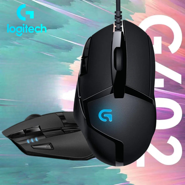 Logitech gaming mouse on a colorful background with Logitech logo.