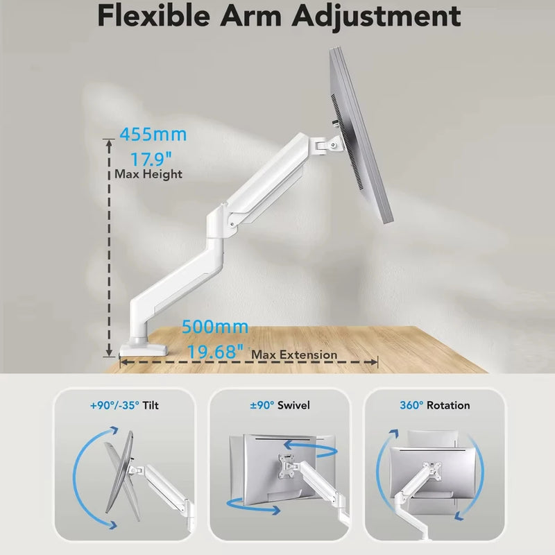 Single Monitor Mount for 13″–32″ Screens, Height Adjustable Monitor Arm with C-Clamp & Grommet Base, Home Office Monitor Stand